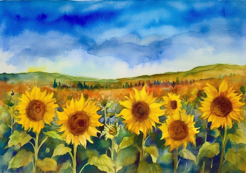 夏日黄色向日葵花田盛开晴天白天背景,插画/手绘图,插画/手绘图库,插画/手绘图下载,插画/手绘